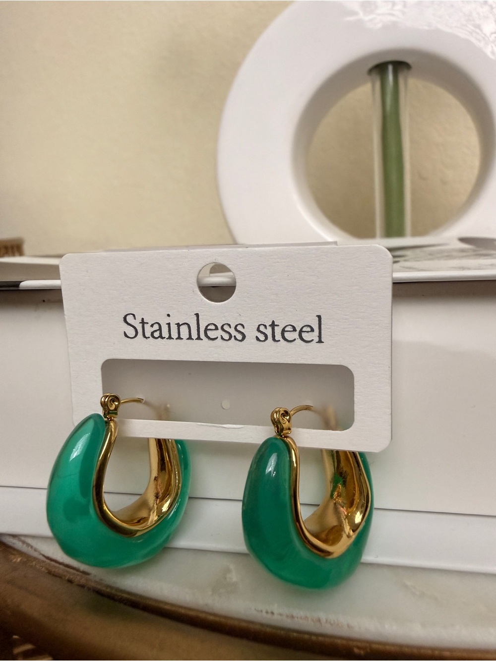 Stainless Steel Gold & Green Hoop Earrings
